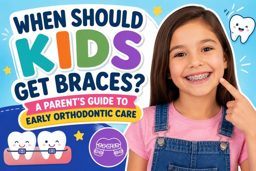 Smiling girl with braces pointing to her teeth - when should kids get braces, a guide to early orthodontic care in Chino