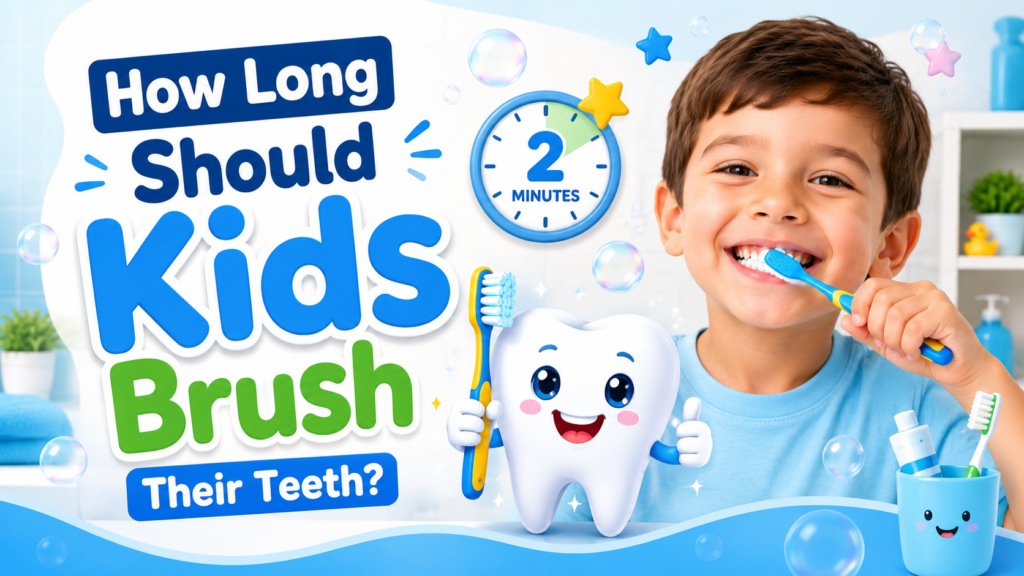 Smiling child brushing their teeth with a toothbrush - how long should kids brush their teeth, a parent guide from Chino pediatric dentists