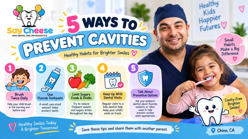 Five ways to prevent cavities in kids - brushing, fluoride, limiting sugar, dental visits