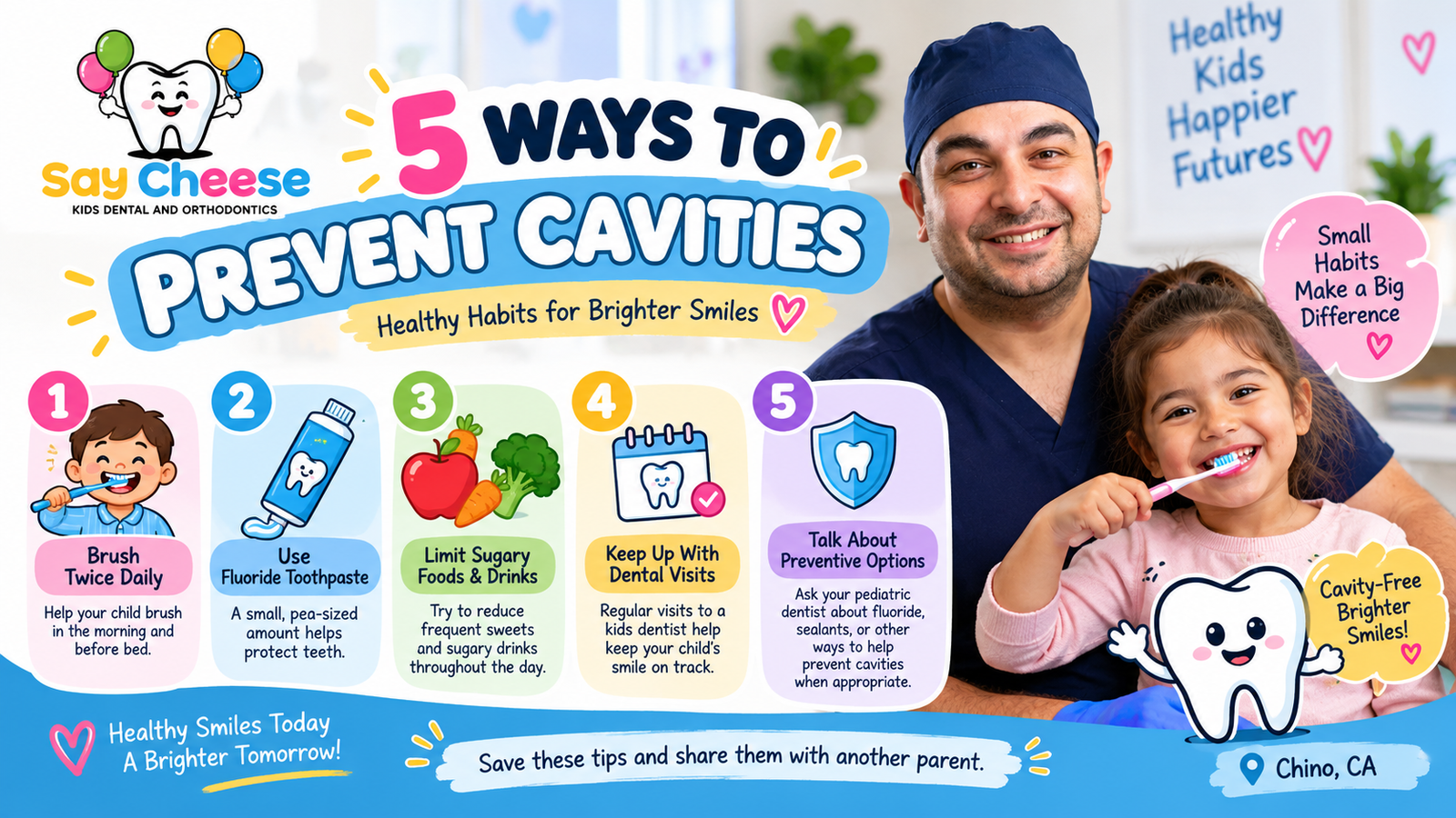 Five ways to prevent cavities in kids - brushing, fluoride, limiting sugar, dental visits, preventive options