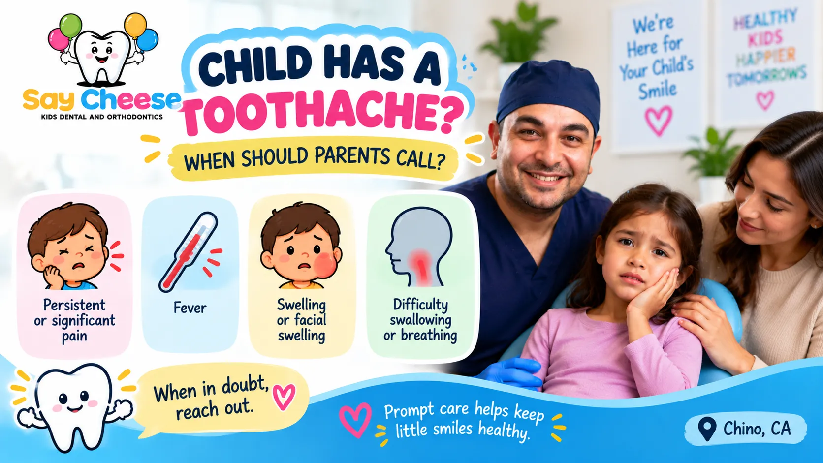 When to call the dentist for a child toothache - persistent pain, fever, swelling, difficulty swallowing