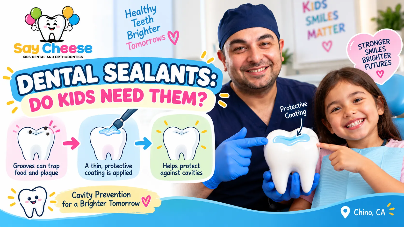 Do kids need dental sealants - grooves trap food, protective coating applied, protects against cavities