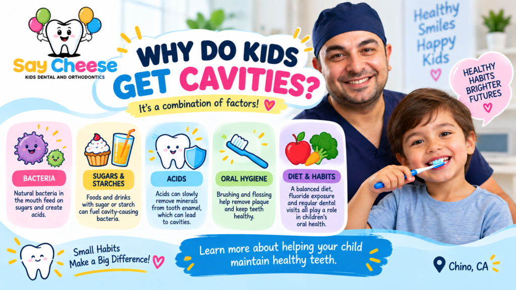 Why kids get cavities - bacteria, sugars, acids, oral hygiene, diet